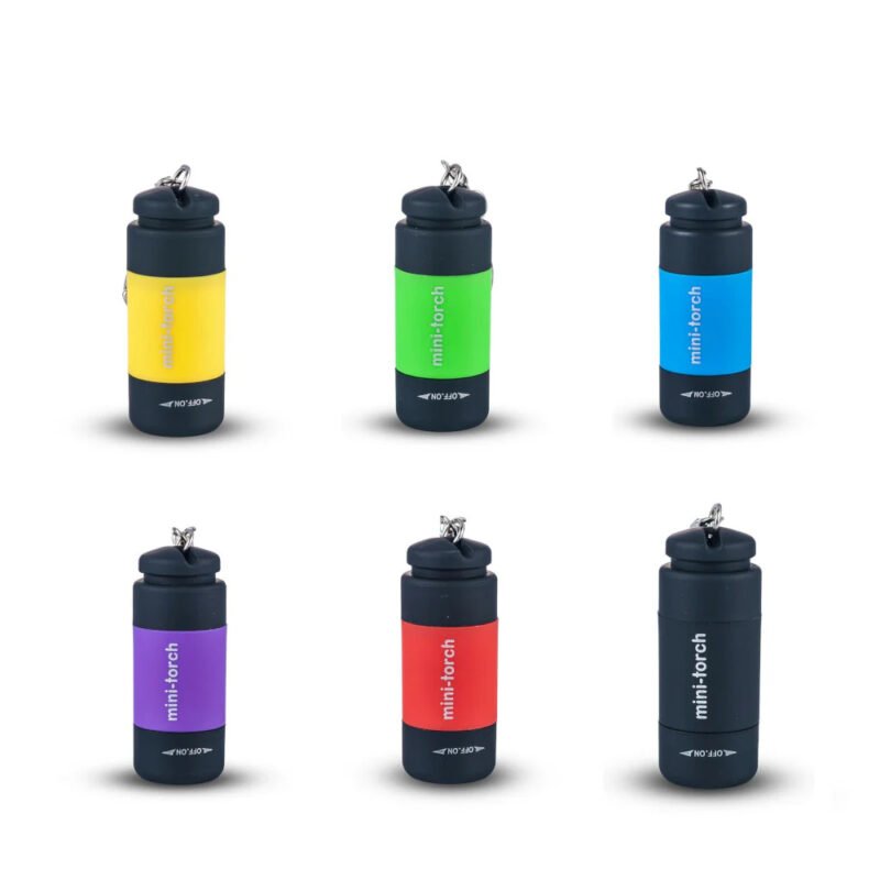 Mini Torch LED Flashlight Safety Keychain Group Photo with 6 colors of yellow, green, blue, purple, red and black